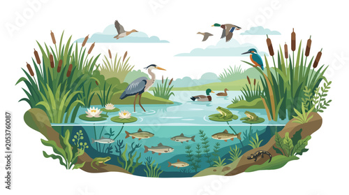 Watercolor illustration of a pond ecosystem with birds fish and aquatic plants.