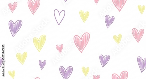 Cute pastel heart pattern with pink purple yellow hearts on white background for romantic designs and love themed projects