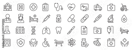 Schilderij op canvas Hospital Vector Outline Icons Set, Healthcare Medical Facility Symbols Collectio