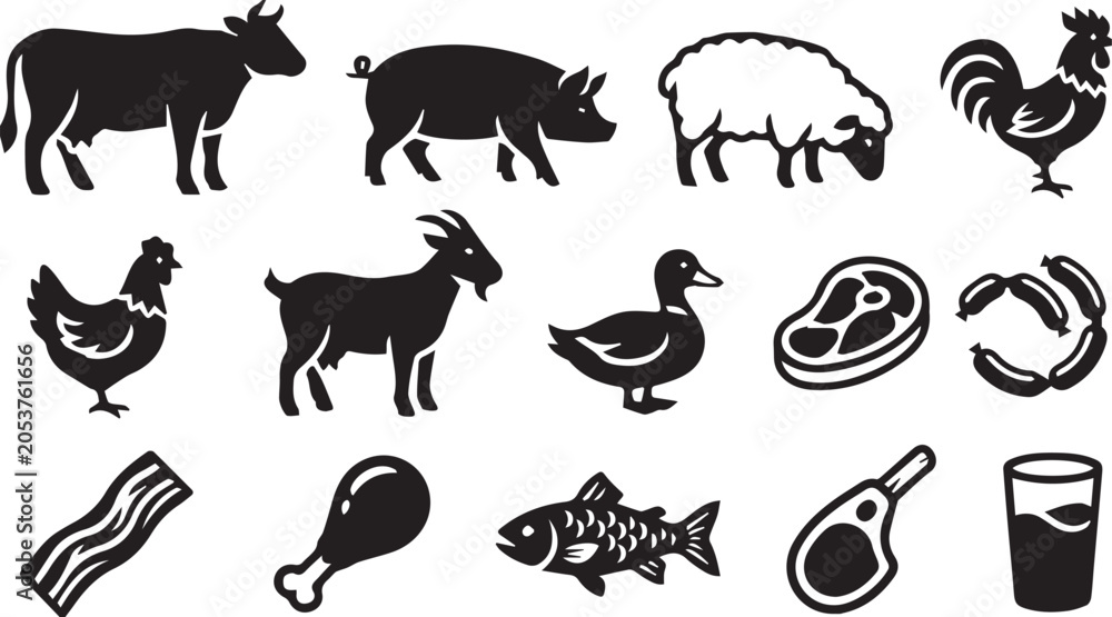 Obraz premium Farm Animals, Livestock, Meat and Dairy Silhouette Icon Set