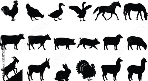 Comprehensive Collection of Farm Animal Silhouette Illustrations Featuring Domesticated Livestock and Rural Species