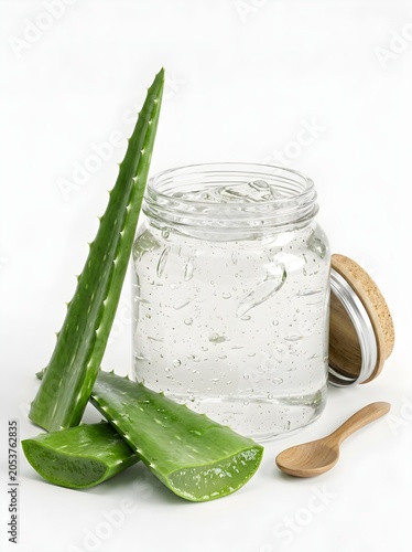 aloe vera and its gel 3d realistic rendering isolated on white background  