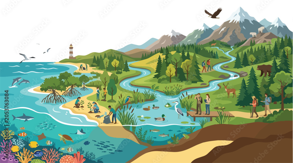 Fototapeta premium Educational illustration of a coastal ecosystem and water cycle landscape.