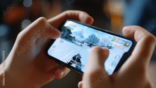 Mobile Gaming Thrills: Close-up shot of a person's hands holding a smartphone and intensely playing a video game, engrossed in the digital world.