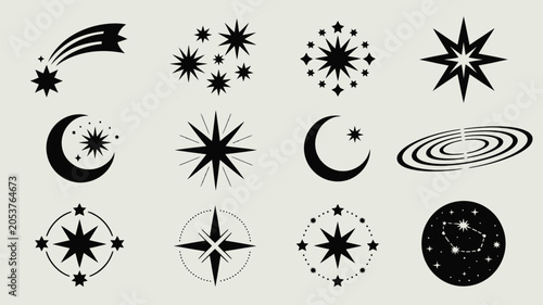 Fotografie Set of 12 various celestial and astronomical vector icons perfect for cosmic designs