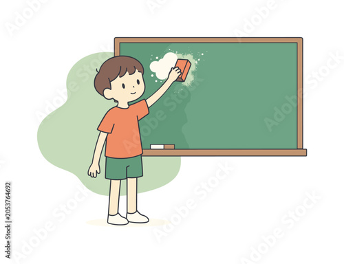 Gentle child clears a chalkboard using an eraser as chalk dust lifts and the board becomes blank nearby today calm.  child