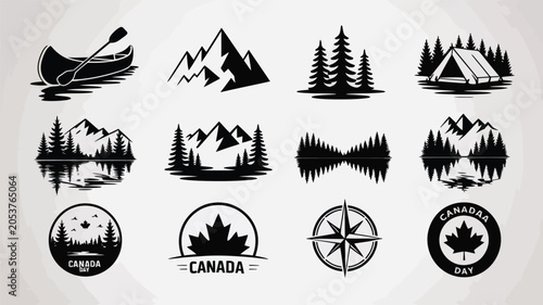 Canadian nature canoe and mountain silhouette icons for outdoor adventure.