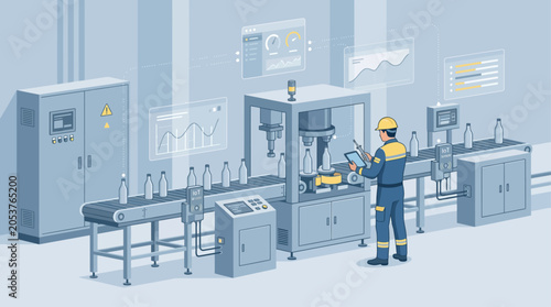 Isometric smart factory production line with worker using tablet to monitor automated bottling process and IoT data analytics in a modern industrial plant