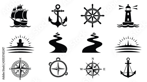 Nautical theme icon set with ship anchors steering wheels lighthouses and wind compasses.