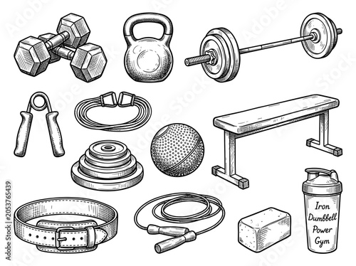 Hand drawn gym equipment set with dumbbell, barbell and kettlebell, isolated on white background
