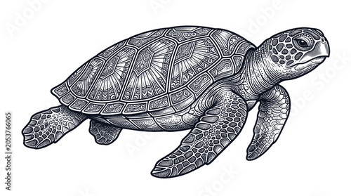 Detailed sea turtle with ornate shell patterns in engraving style