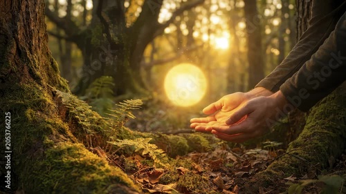 Hands Holding Glowing Orb in Enchanted Forest at Sunrise, Mystical Light