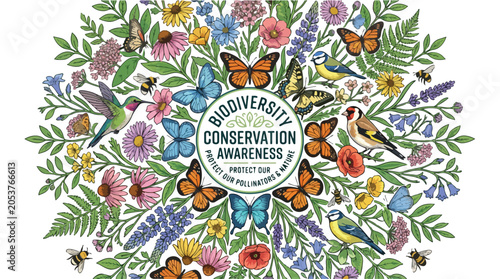Biodiversity Conservation Awareness Illustration with Pollinators and Flowers.