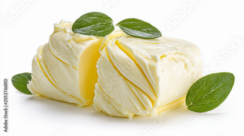 Fresh butter block with green leaves isolated on white background