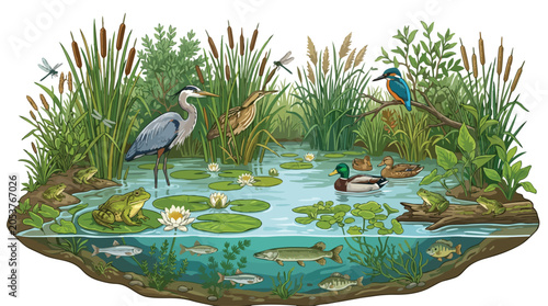 Cross section illustration of a pond ecosystem with diverse wildlife and aquatic plants.