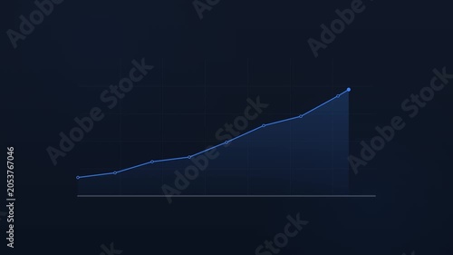 Animated horizontal line chart with glowing blue area fill showing positive business growth trajectory on dark background