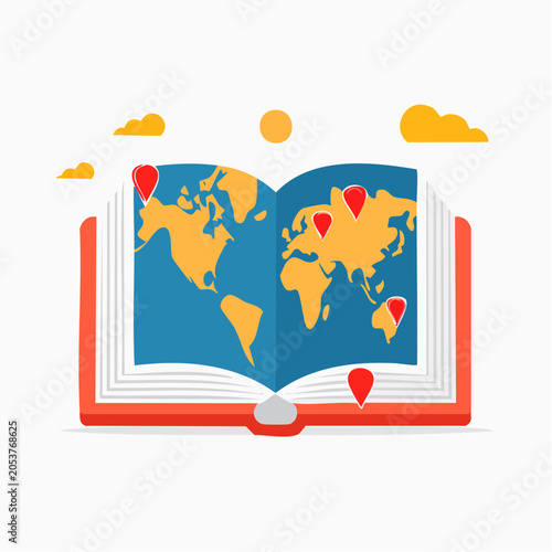 Open Book with World Map and Location Pins