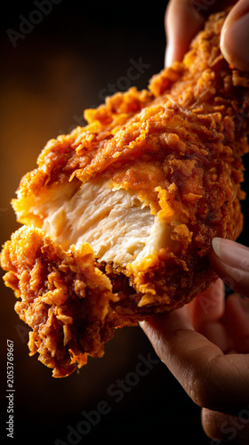 Closeup of a crispy fried chicken drumstick held by hand
