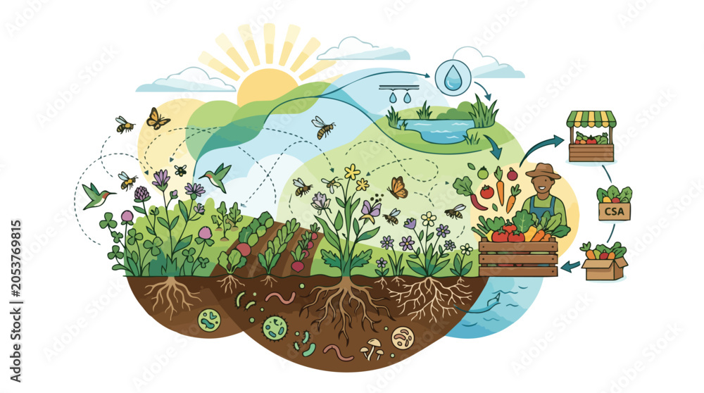 Fototapeta premium Illustration of sustainable regenerative farming and local food production cycle.