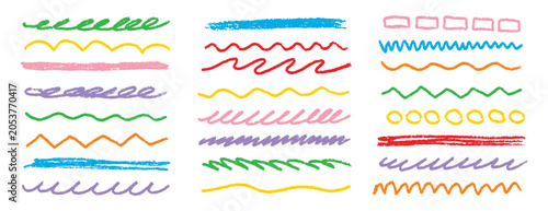Chalk lines kids strips, brush sketch pencil underlines. Highlight strokes doodle set. Grunge colorful hand drawn highlight strokes