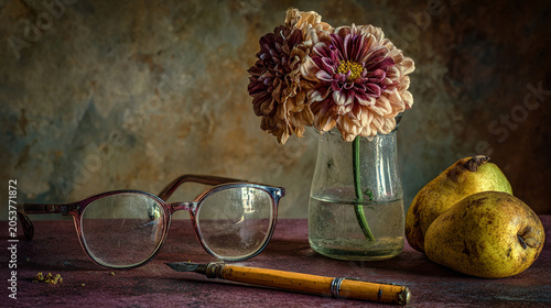 Still life with flowers, pears, glasses and a vintage pen