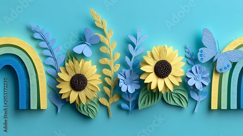 3d rendering of yellow sunflowers with blue geometric shapes on white background