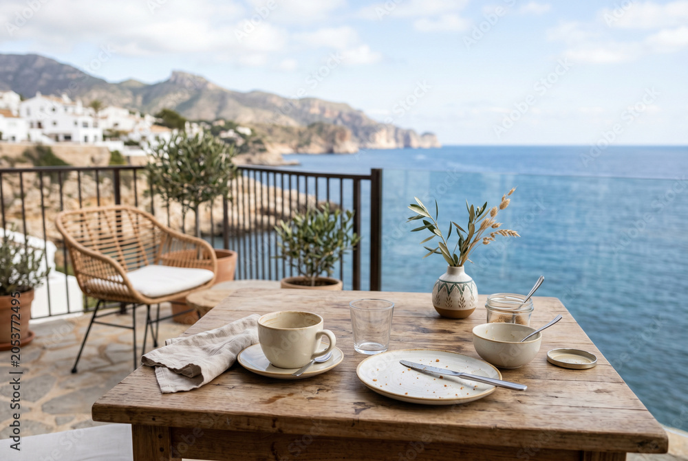 Obraz premium Coastal terrace breakfast table by the sea with ceramic tableware and a vase for summer balcony background and travel lifestyle