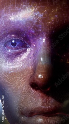Surreal face covered in a grid pattern floating in space, shedding glowing tears made of starlight and nebula, representing a blend of artificial intelligence and deep cosmic emotion