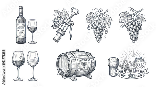 Hand drawn wine elements including barrel bottle glasses and grapes