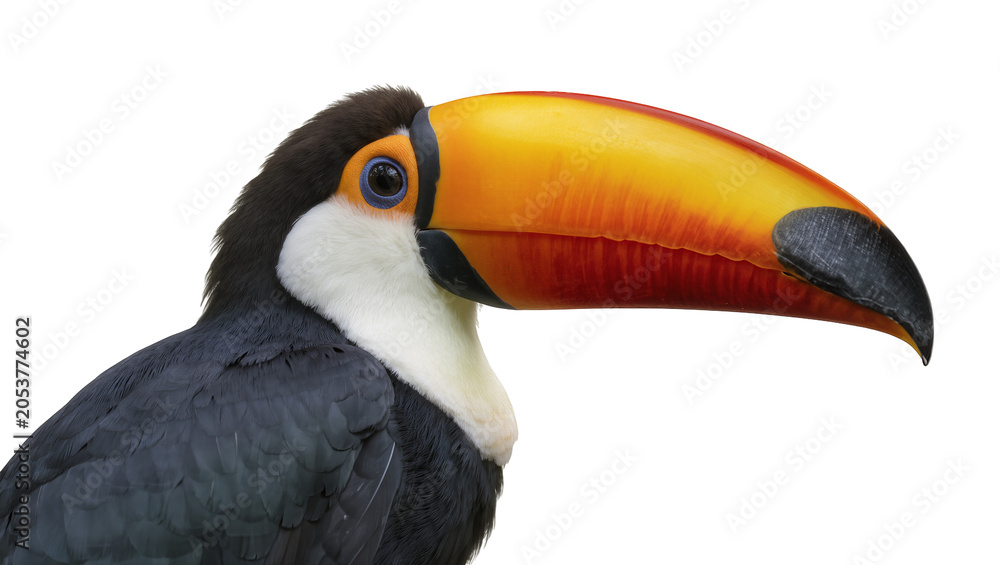 Fototapeta premium Toucan bird with large colorful beak and white chest