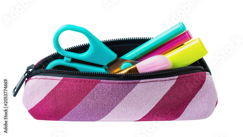 Fotografie Pencil case with scissors markers, and brush