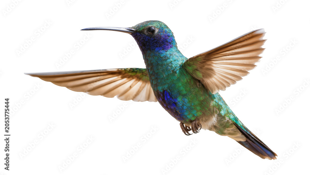 Obraz premium Green and blue hummingbird with wings spread