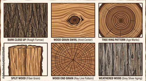 Set of six illustrative wood texture samples showing various grain patterns and aging effects.