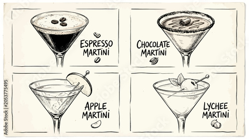 Set of hand drawn martini cocktail illustrations including espresso chocolate apple and lychee martinis.