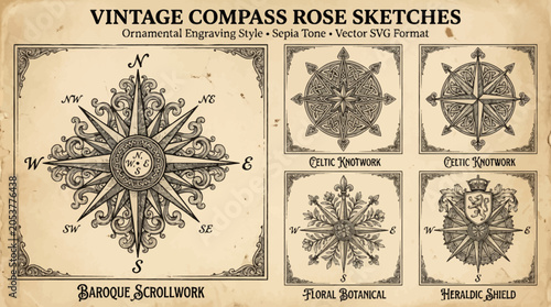 Vintage Compass Rose Sketches and Ornamental Navigation Symbols.