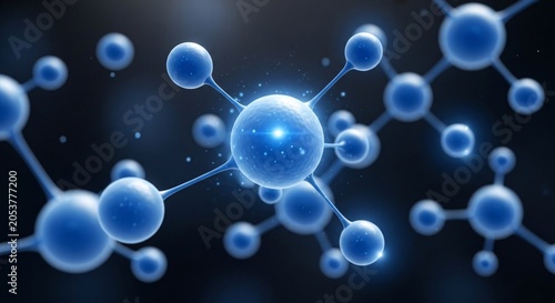 High resolution scientific illustration of a molecular structure with interconnected atoms and glowing bonds representing chemical compounds for educational and research purposes