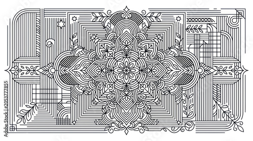 Fotografie Complex geometric mandala line art with floral and astral motifs