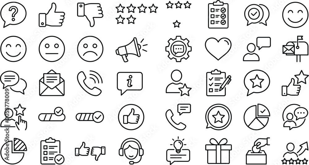 Naklejka premium Customer feedback icon set vector linear outline rating thumbs up satisfaction review survey test elements isolated on white
