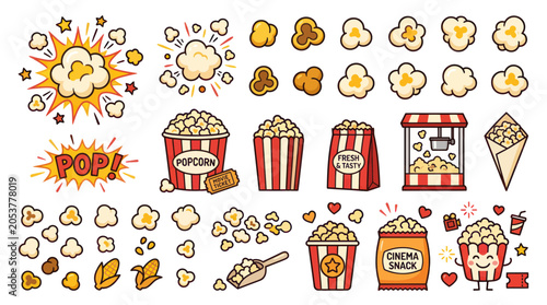 Cinema popcorn collection with various buckets bags and kernels