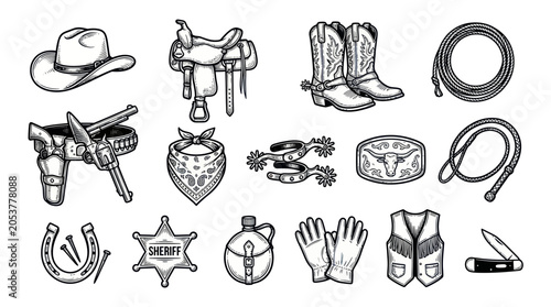 Photos Western cowboy equipment and rancher accessories icons set