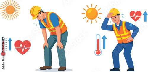Flat vector design of tired construction worker suffering heat exhaustion for safety web infographics