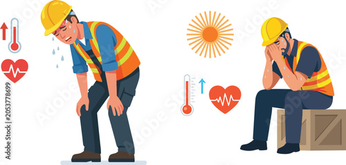 Flat vector illustration of construction worker experiencing heat exhaustion for safety infographics web use