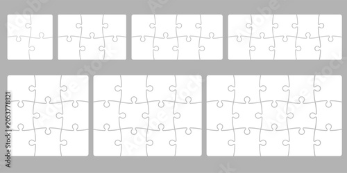 Collection of blank jigsaw puzzle templates in multiple rectangle sizes arranged in rows clean white outline design for game interface infographic layouts picture frames and modular grids