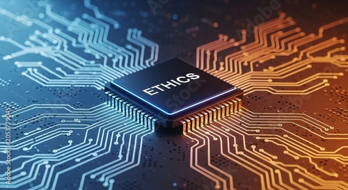Futuristic digital circuit board with illuminated pathways and a central microchip labeled ethics representing technology and moral considerations in AI