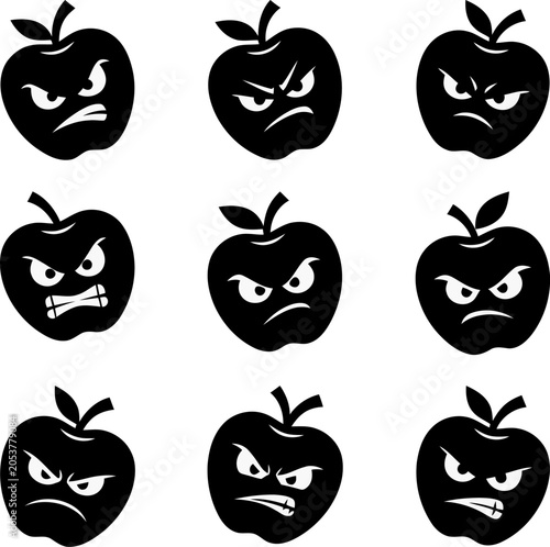 Fotografie Grumpy apple sticker icons set silhouette vector illustration