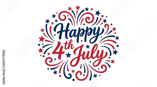 Happy 4th of july lettering with fireworks isolated on white background
