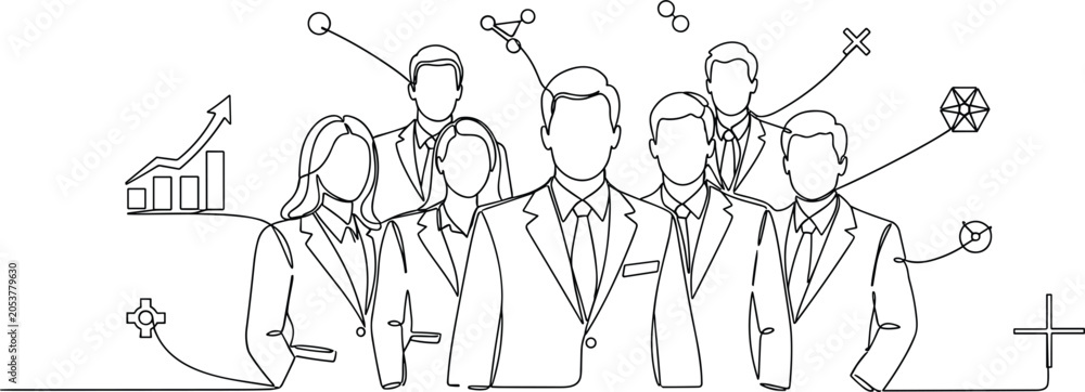 Obraz premium Continuous line drawing of successful corporate business team group standing together with financial growth bar chart vector illustration