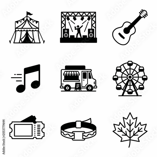 Music festival and outdoor entertainment line icons collection.