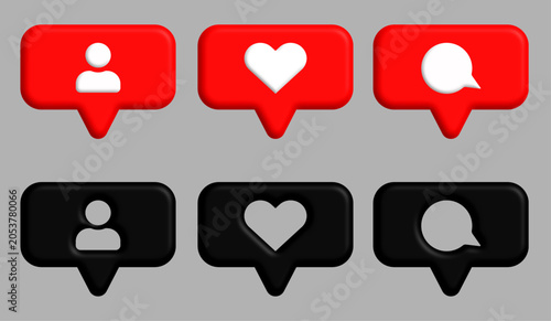 Set of 3D social media notification icons, realistic vector illustration