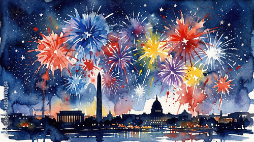 Watercolor painting of fireworks over the washington dc skyline at night with generated using ai